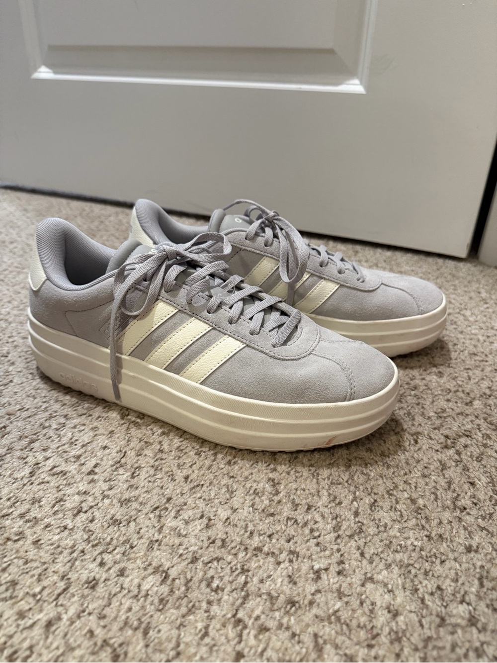 adidas Gray Suede Platform Sneakers with Cream Stripes